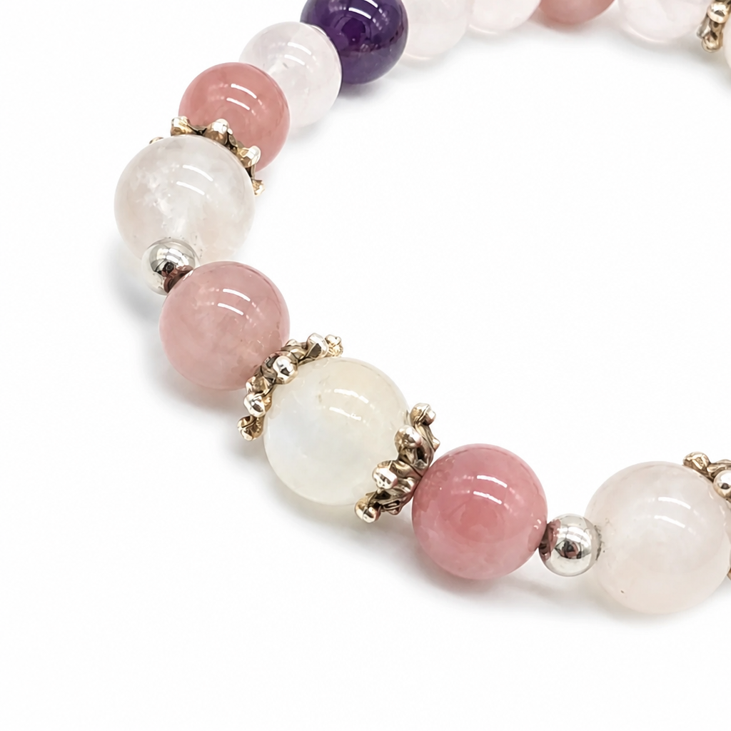 Handmade three-stone amethyst and moonstone bracelet by Aura Lune