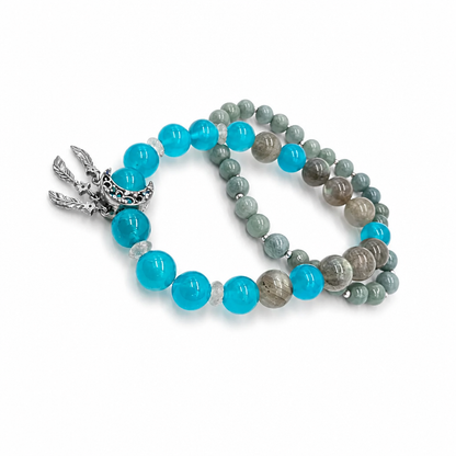 Full bracelet circle of Moonlit Oasis showing turquoise Amazonite and deep forest jade beads