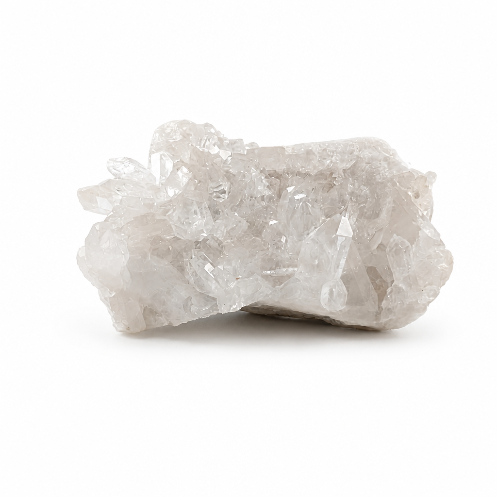 Natural Clear Quartz cluster showing dozens of points rising from a shared mineral base