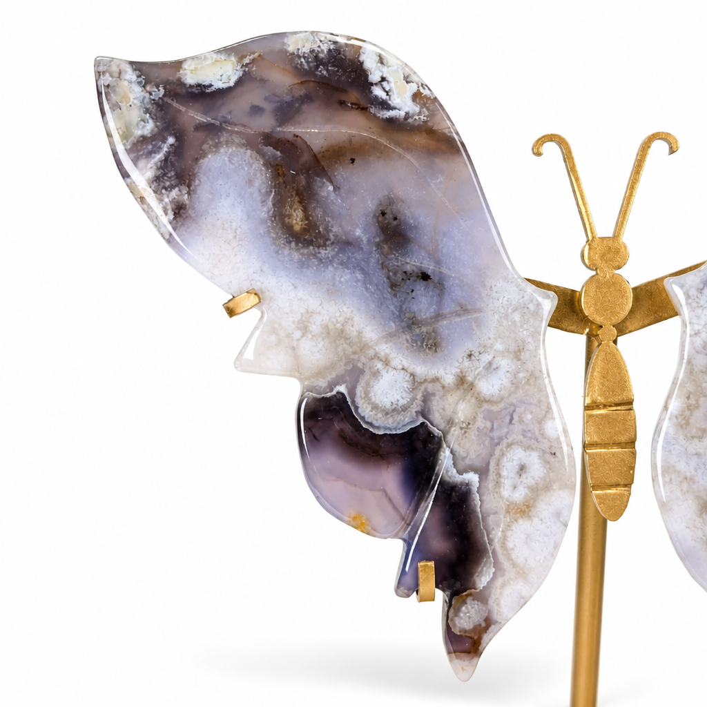 Close-up of white floral mineral patterns inside blue flower agate