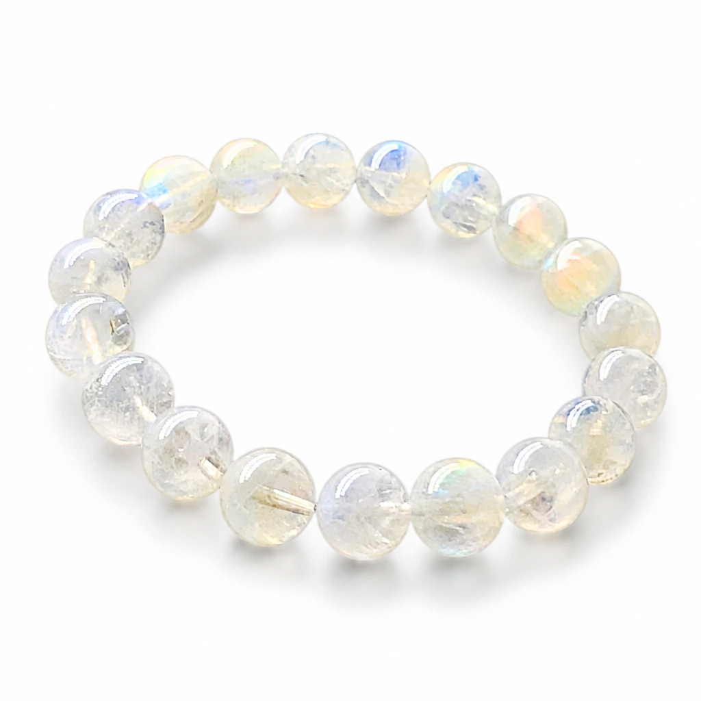 Rosewater Moon moonstone bracelet resting flat showing even 10mm bead selection