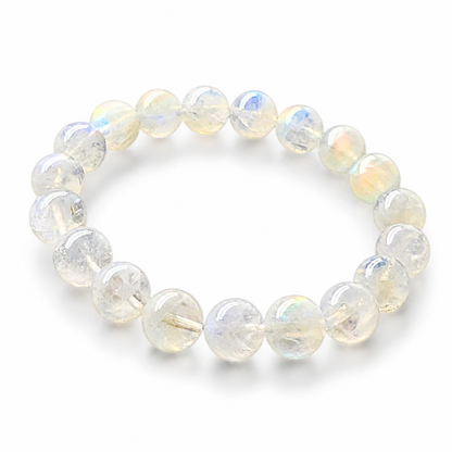 Rosewater Moon moonstone bracelet resting flat showing even 10mm bead selection