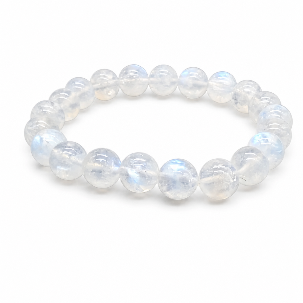 Indian Moonstone bracelet Style C with soft peach-white sheen on substantial 9mm beads