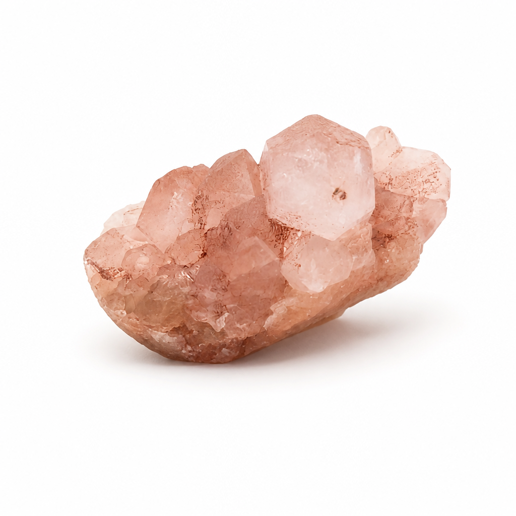 Close-up of prismatic points with pink threading on a mini Samadhi Quartz cluster