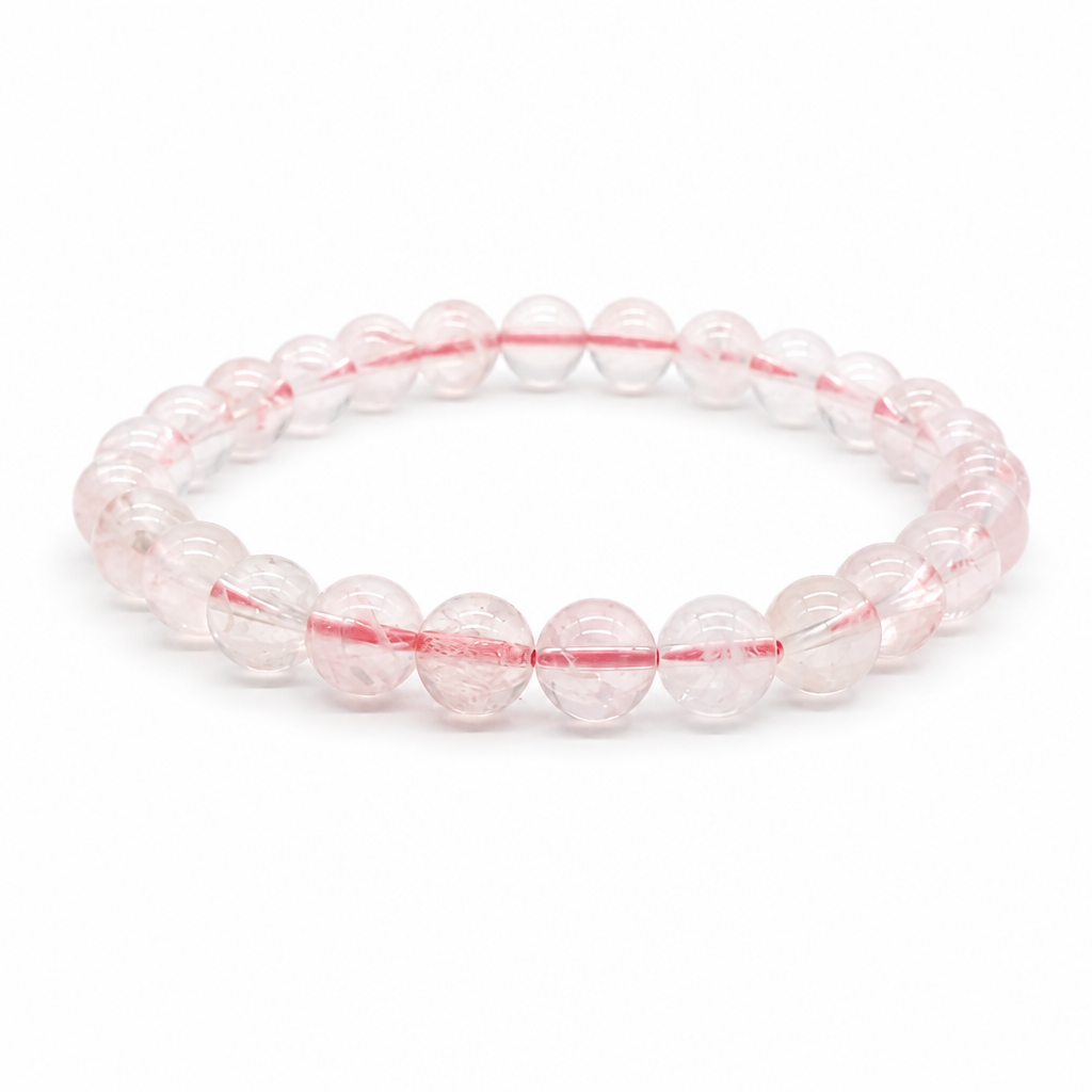 Madagascar Ice Rose Quartz bracelet with near-transparent soft pink 7.5mm jelly beads on white