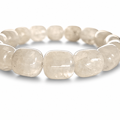 Garden Quartz lodolite bracelet worn on the wrist showing wide barrel bead window onto inner landscape