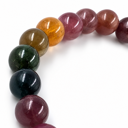 Detail of rose and golden yellow tourmaline beads alongside green and teal