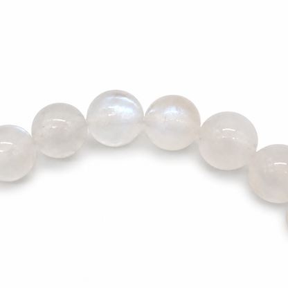 9.5mm Ceylon moonstone beads with strong blue flash on elastic cord