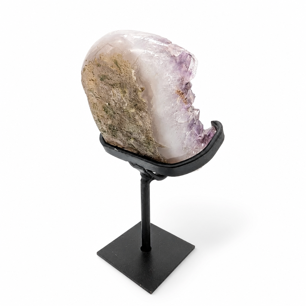 Full front view of the Lavender Druzy Amethyst spire on a wooden display stand