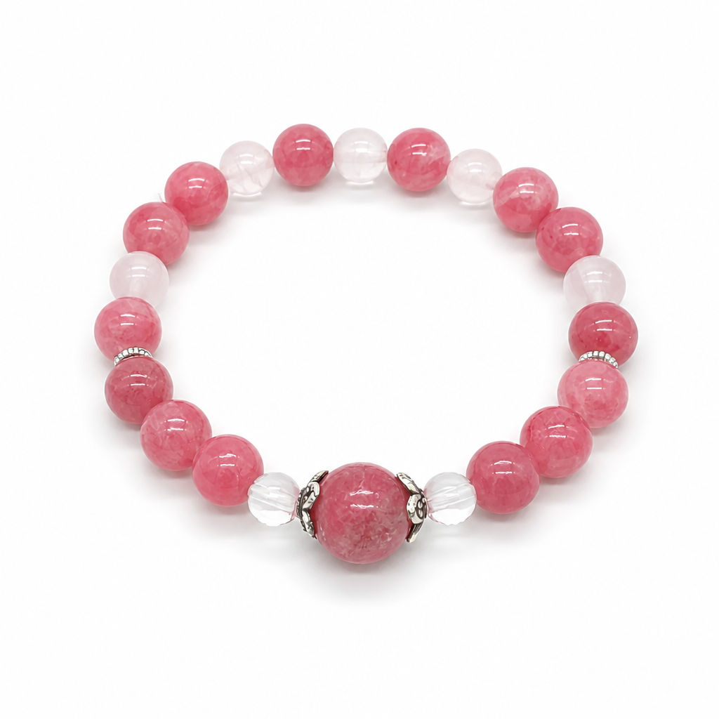 Heart Sanctuary bracelet with bold rose-pink rhodonite and soft Madagascar rose quartz on white