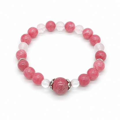 Heart Sanctuary bracelet with bold rose-pink rhodonite and soft Madagascar rose quartz on white