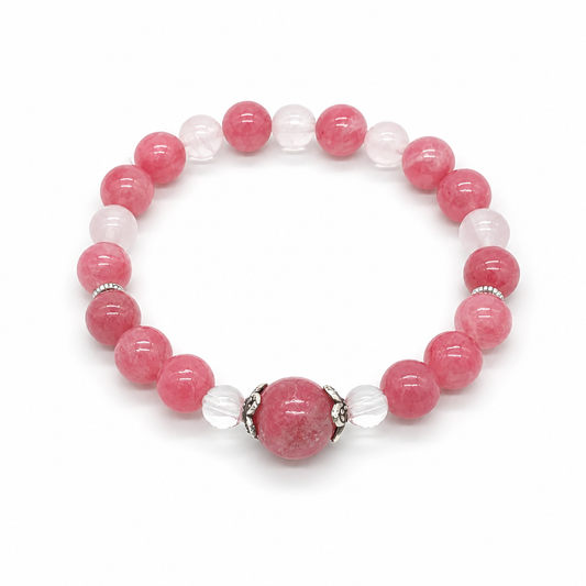 Heart Sanctuary bracelet with bold rose-pink rhodonite and soft Madagascar rose quartz on white