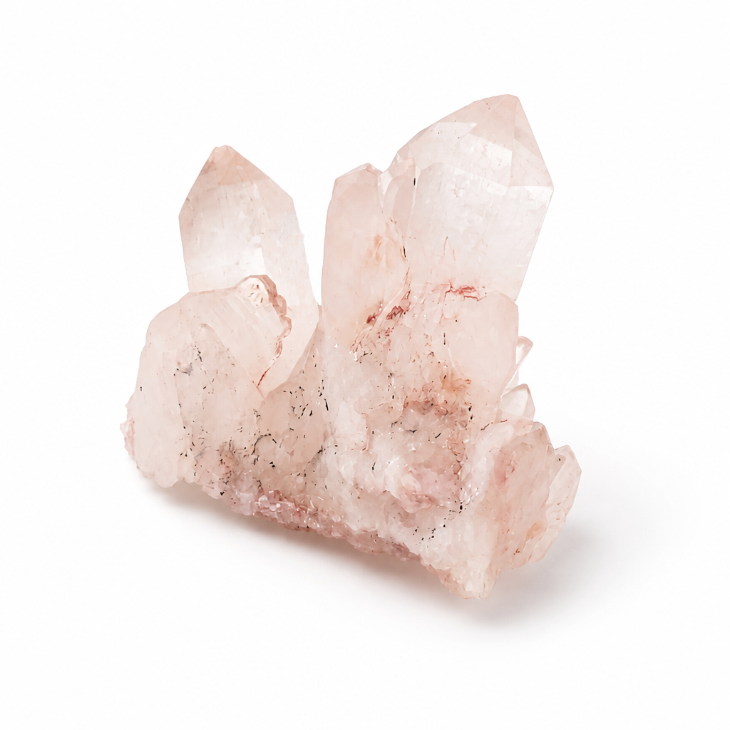 Tall Pink Samadhi Quartz cluster with upward-reaching crystal points on a white surface