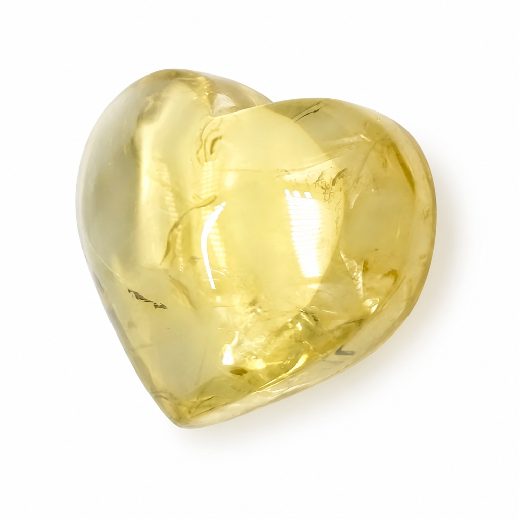 Aurora Citrine heart specimen displayed on a white surface for desk or shelf