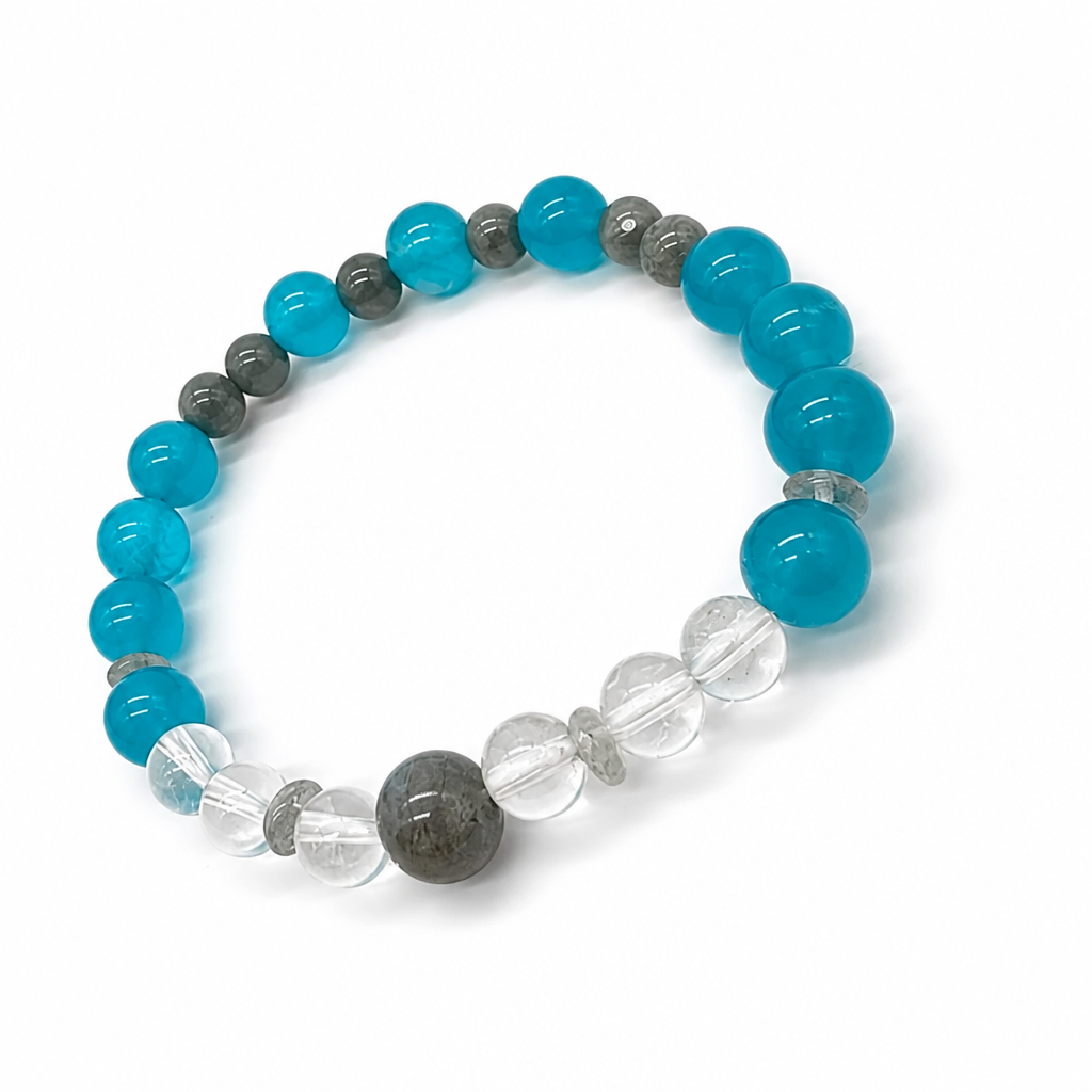 Labradorite bead showing blue-gold labradorescence flash in the Verdant Voyager bracelet