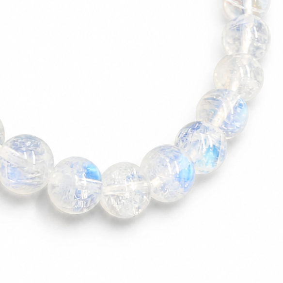 Full bracelet circle of Madagascar Rainbow Moonstone showing soft translucent bead glow