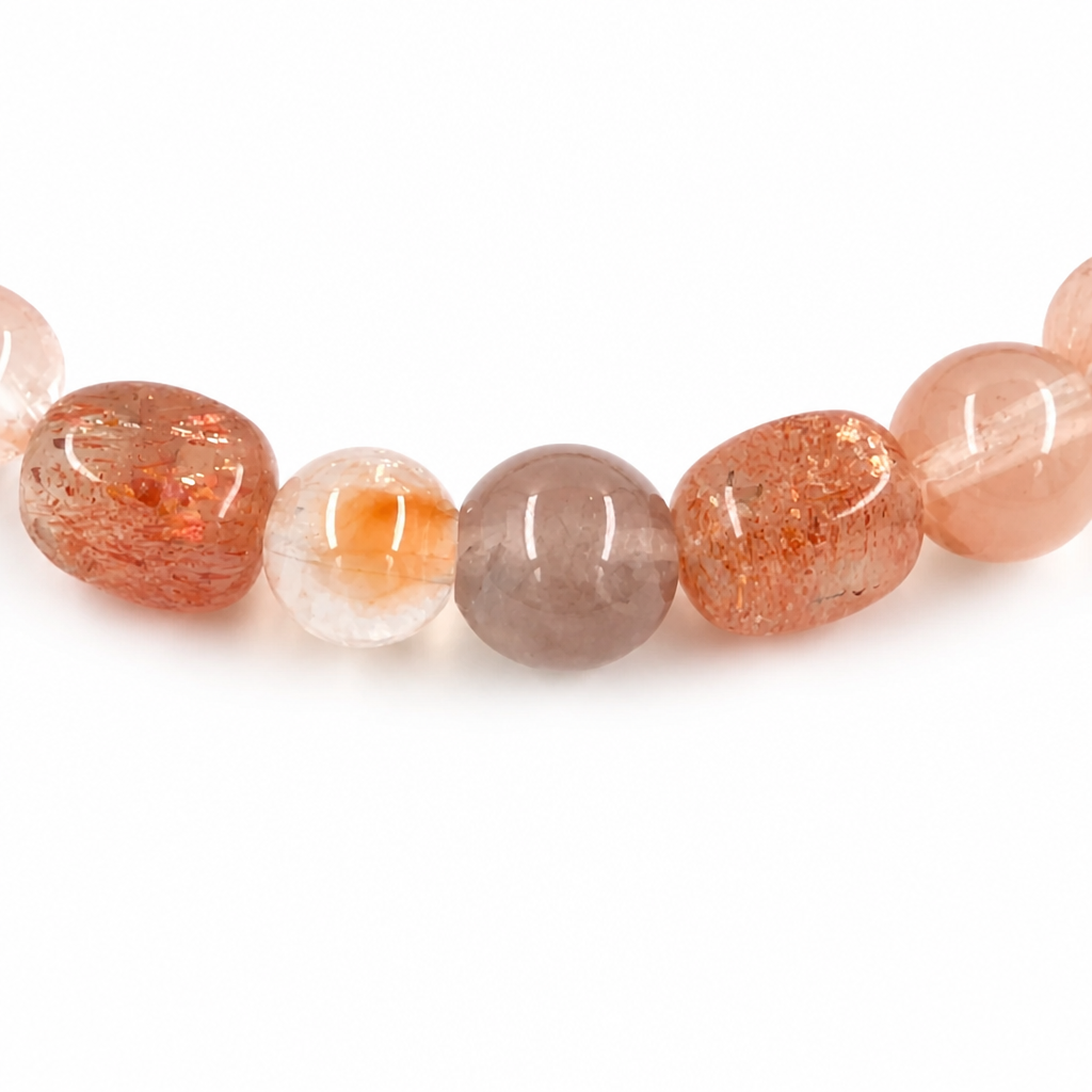 Rose-gold rutile threads visible inside water-clear rabbit hair quartz alongside red sunstone
