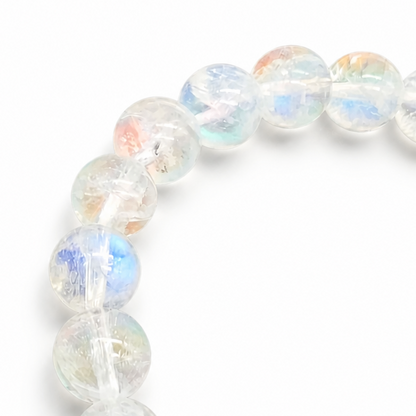 Madagascar Rainbow Moonstone bracelet worn on the wrist showing delicate 6mm bead layering