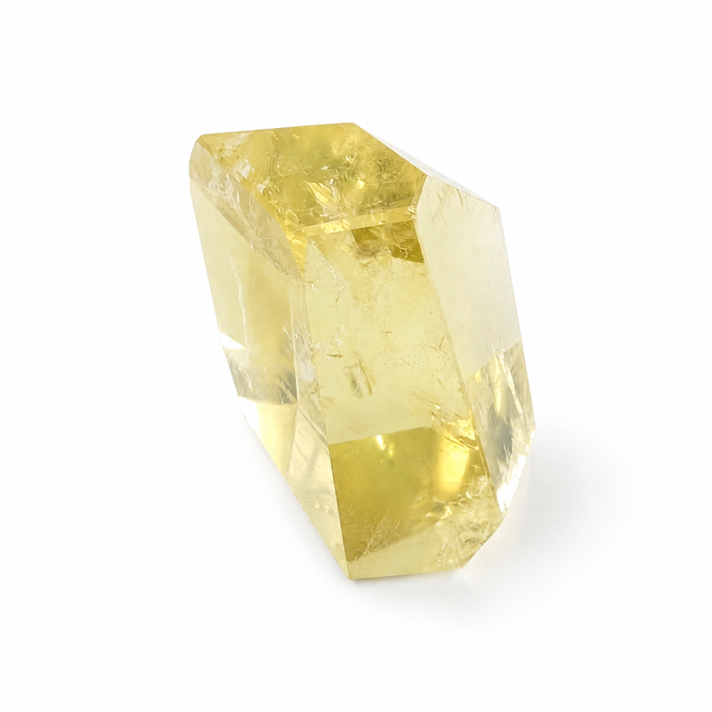 Top view of the raw Brazilian Citrine crystal point showing natural facets