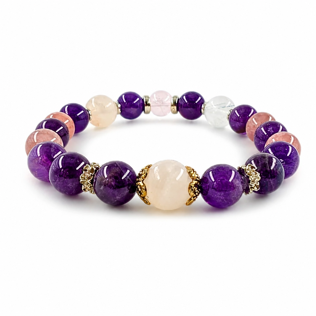 Twilight Garden Amethyst Moonstone Rose Quartz bracelet on white