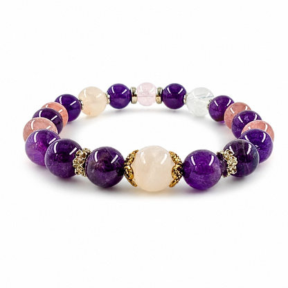 Twilight Garden Amethyst Moonstone Rose Quartz bracelet on white