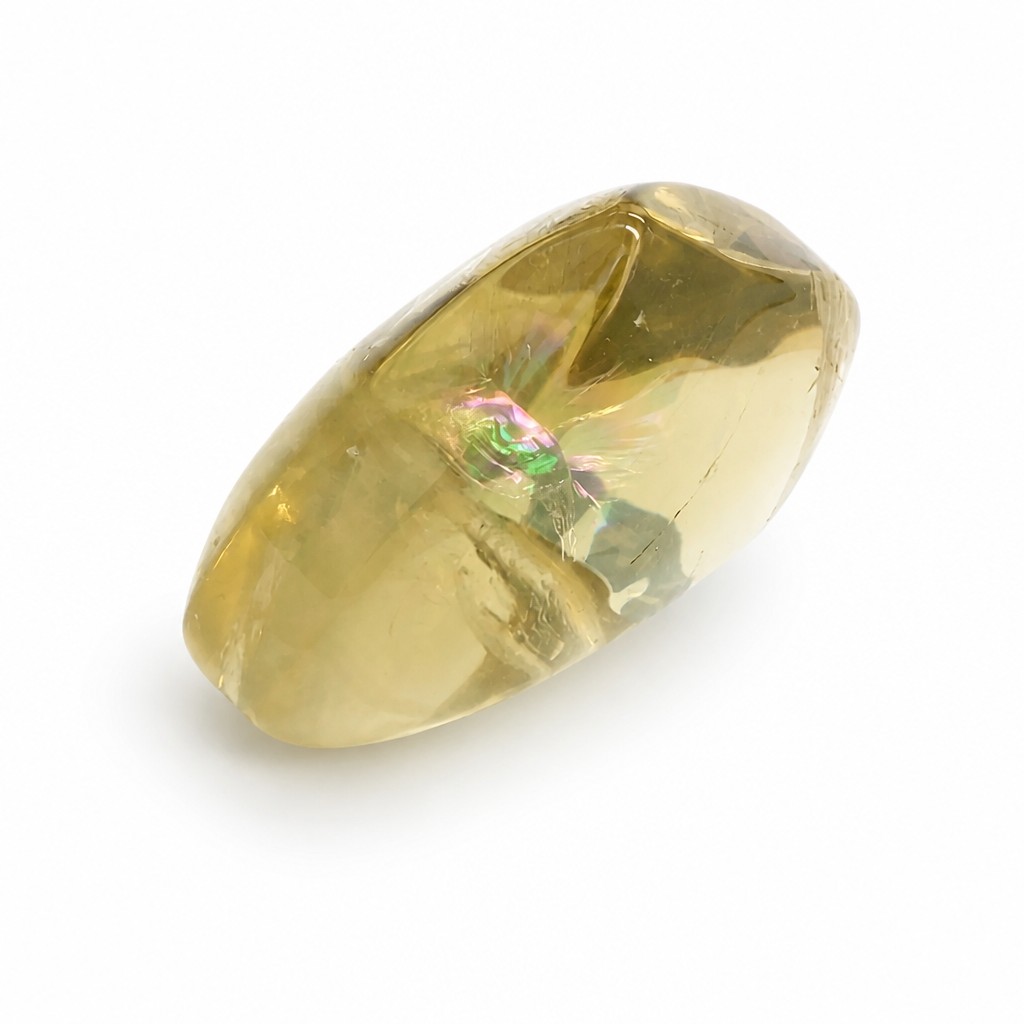 Hand-carved citrine heart with mirror polish resting on a pale surface