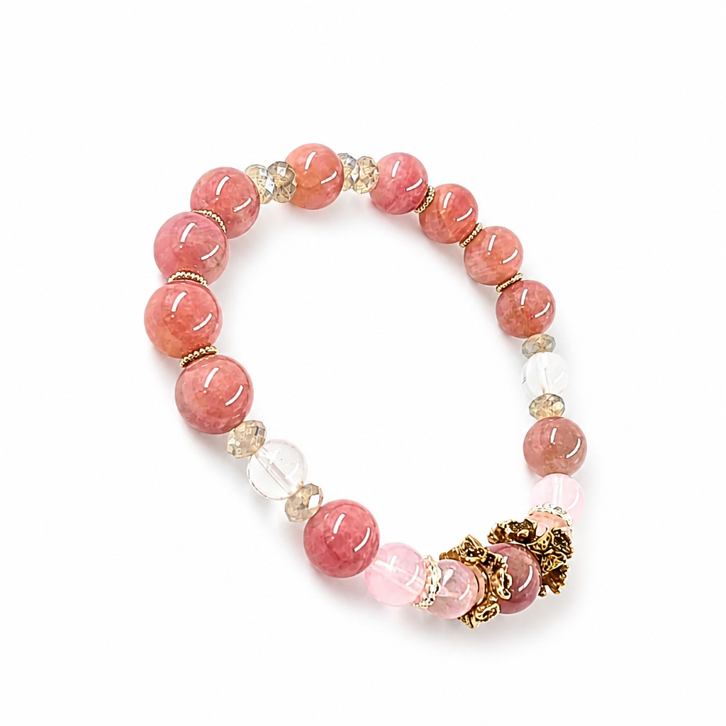 Gold-and-silver floral charm between pale quartz beads