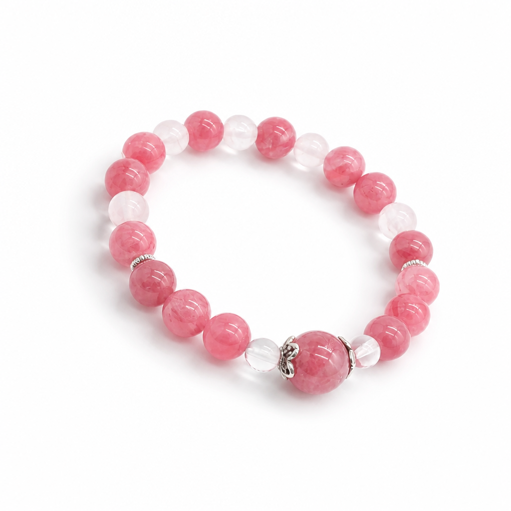 Full bracelet circle of Heart Sanctuary showing mixed 6-11mm rhodonite and rose quartz beads