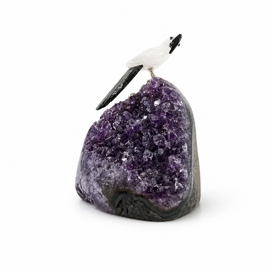 Amethyst Parrot Specimen with carved crystal parrot on a violet amethyst cluster base