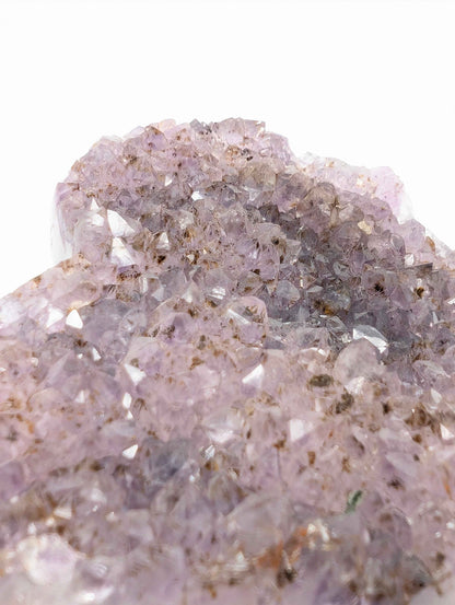 Gradient Amethyst cluster natural pink-to-violet colour on artisan wooden stand