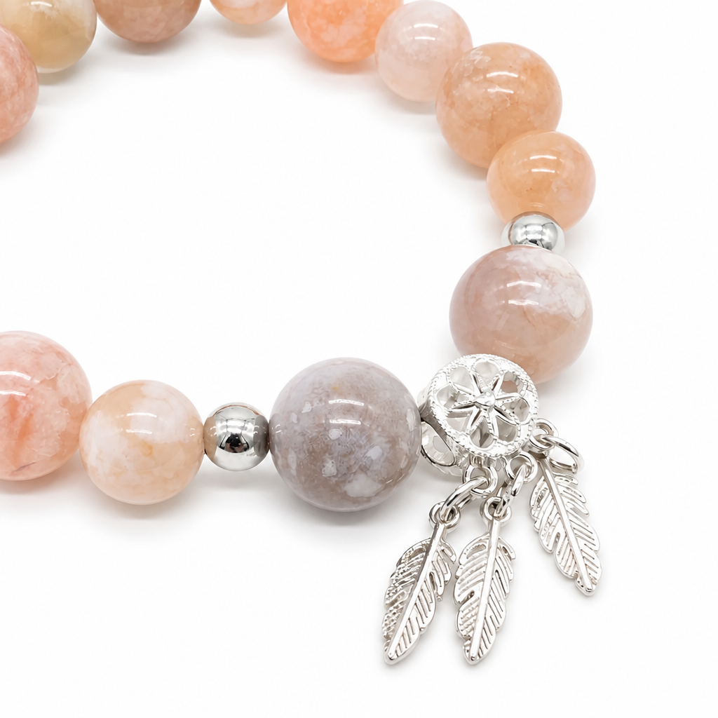 Dreamweaver Bloom cherry blossom agate bracelet on a white background