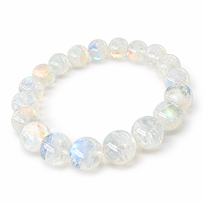 Rosewater Moon Madagascar pink-flash Moonstone bracelet with 10mm beads on white