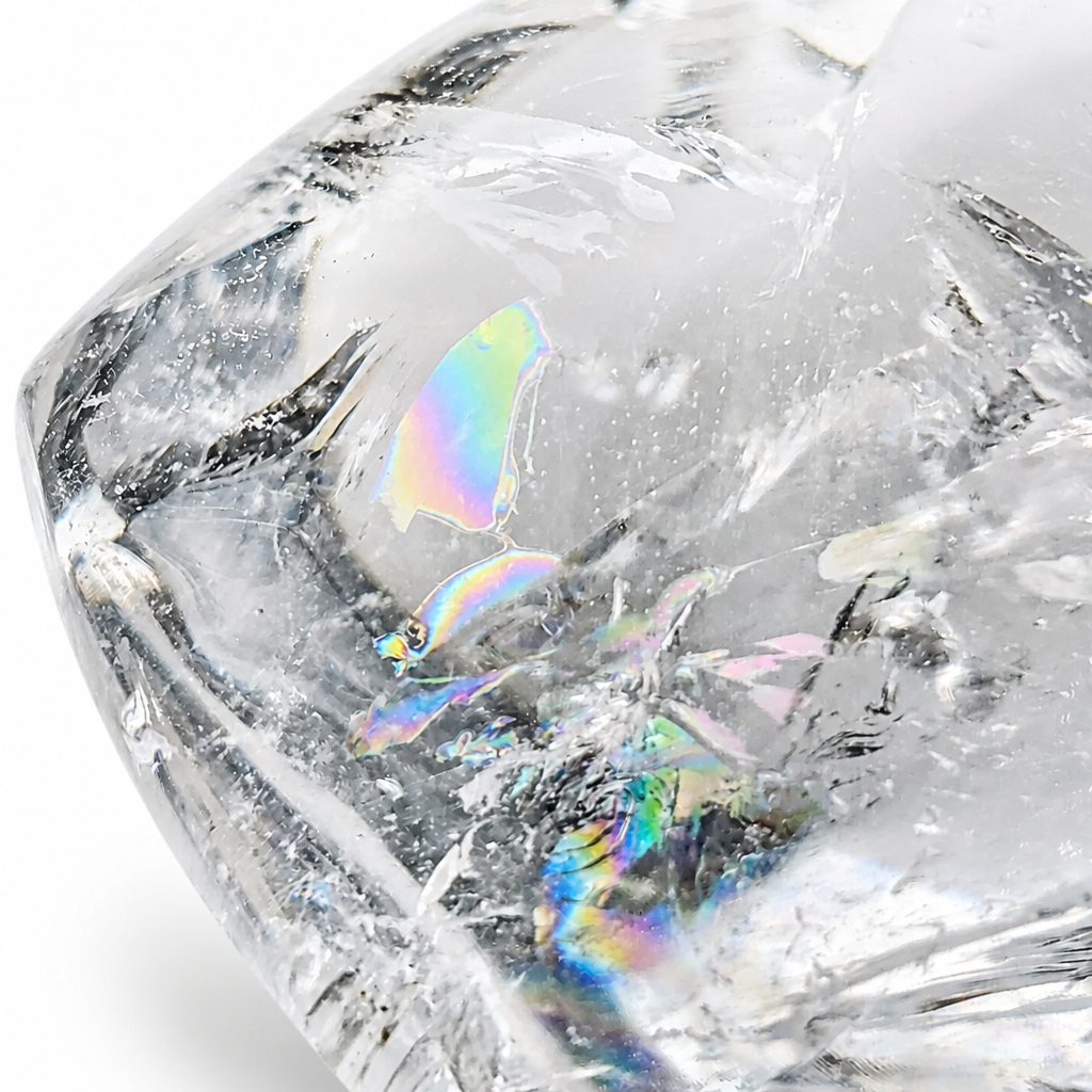Water-clear quartz heart showing internal rainbow prism inclusions