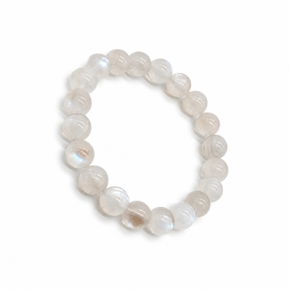 Close-up of glassy Ceylon moonstone beads with blue adularescence