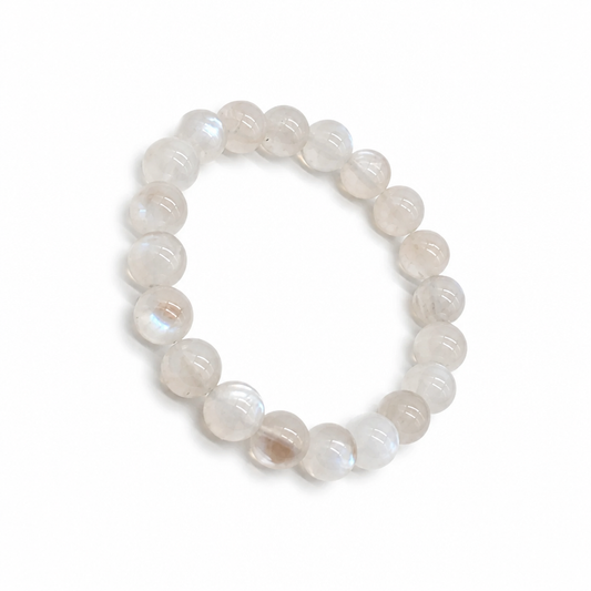 Close-up of glassy Ceylon moonstone beads with blue adularescence