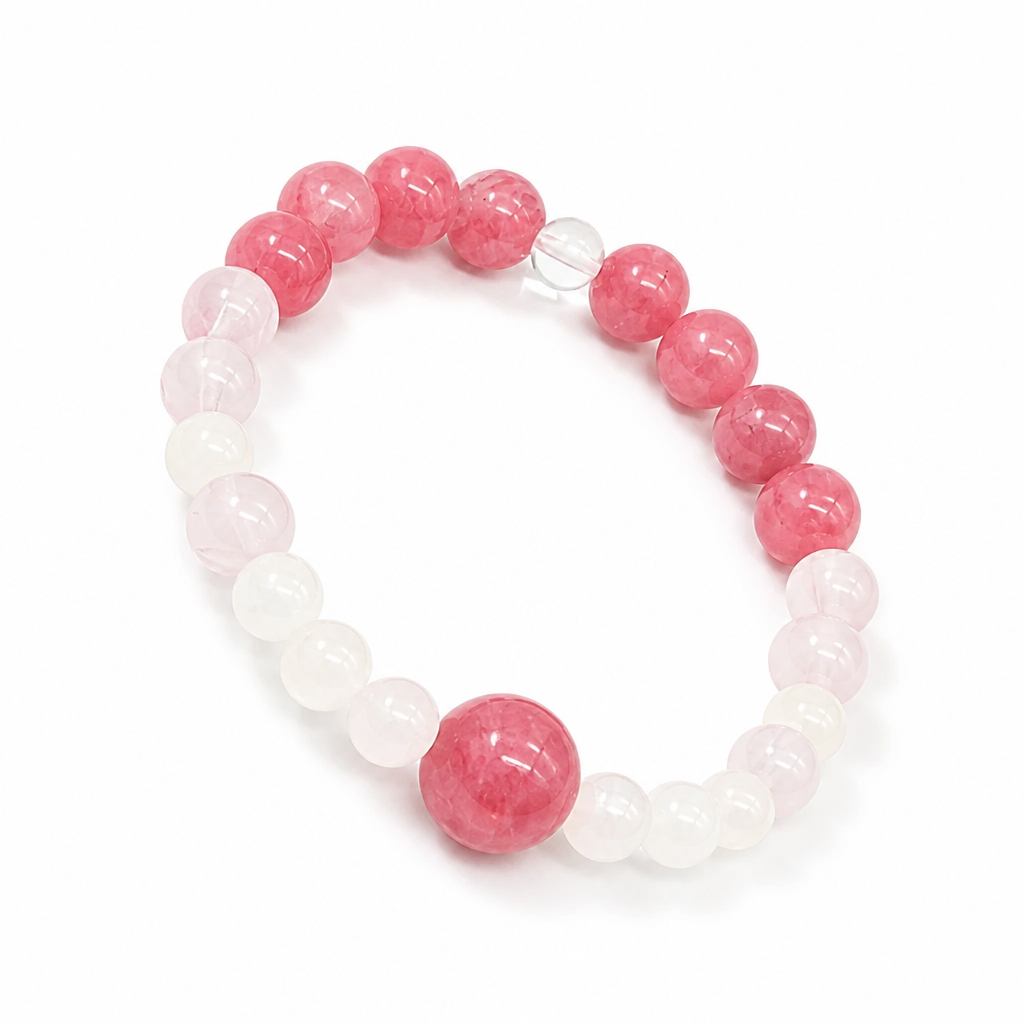 Full bracelet circle of Lunar Rescue showing rhodonite and moonstone bead pairing