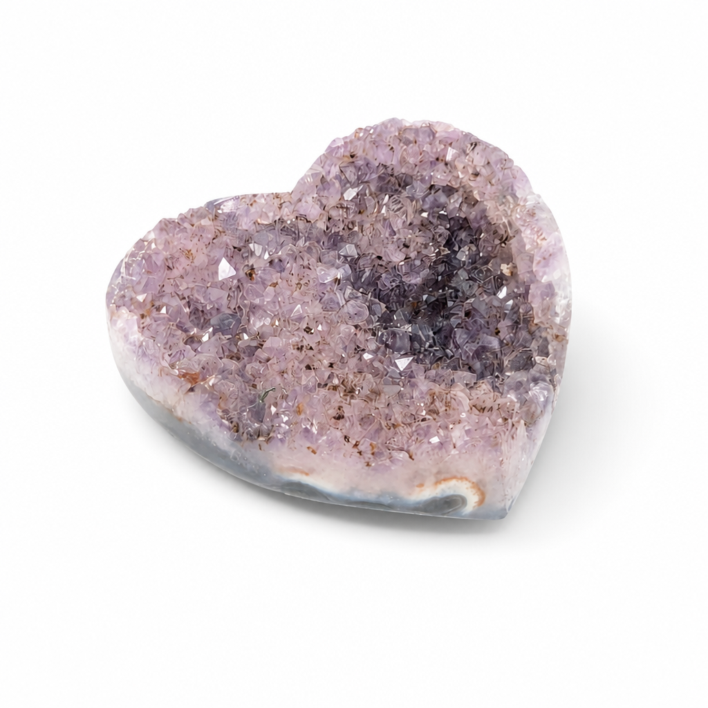 Full front view of the gradient amethyst cluster on its artisan wooden stand