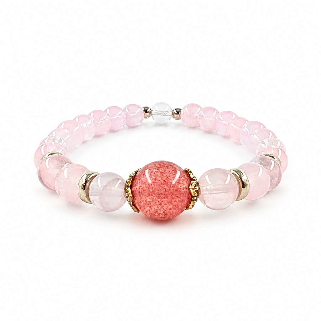 Heart Blossom Strawberry Quartz and Rose Quartz bracelet on white