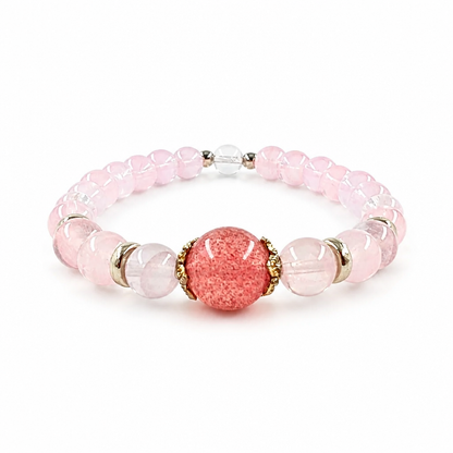 Heart Blossom Strawberry Quartz and Rose Quartz bracelet on white