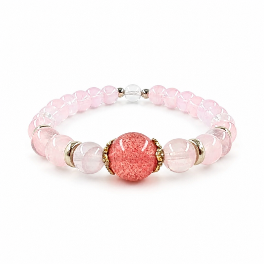 Heart Blossom Strawberry Quartz and Rose Quartz bracelet on white