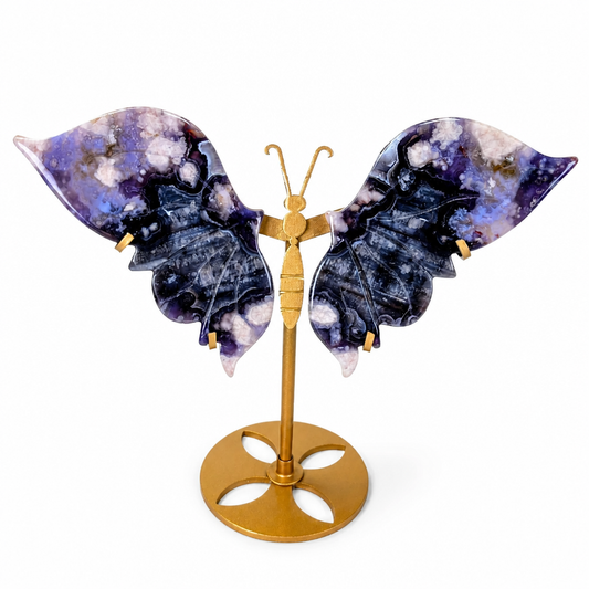 Purple-blue flower agate butterfly specimen on a gold-finished stand