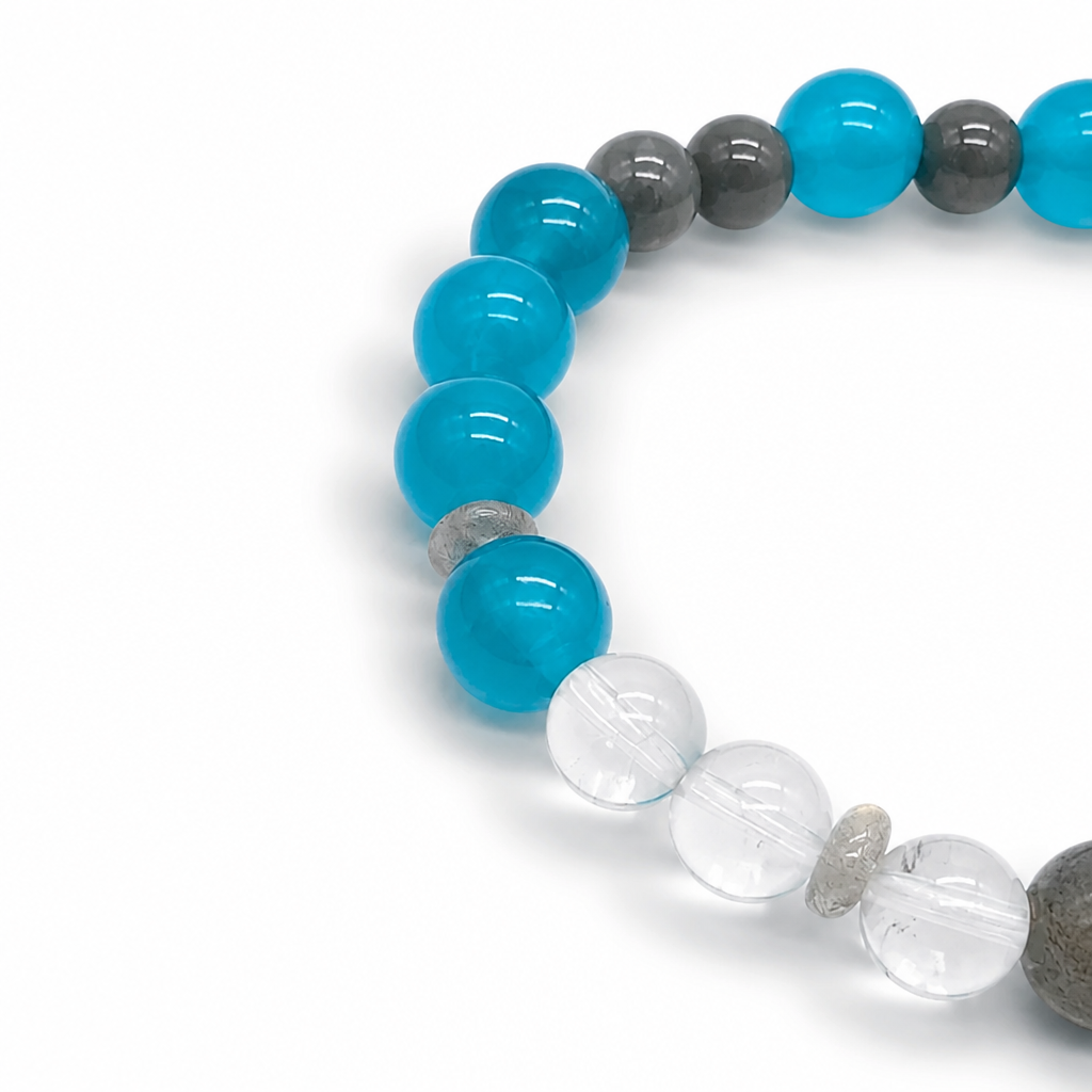 Deep forest-green nephrite jade beads contrasting with turquoise Amazonite and grey Labradorite
