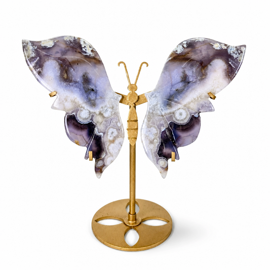 Blue Flower Agate butterfly specimen on a gold-finished stand