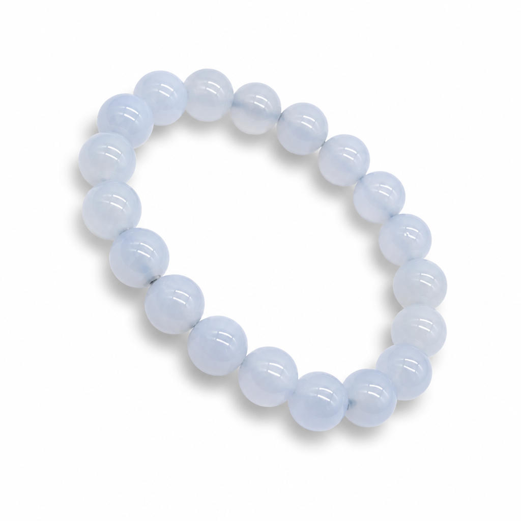 Full bracelet circle of Blue Chalcedony showing even soft sky-blue microcrystalline quartz beads