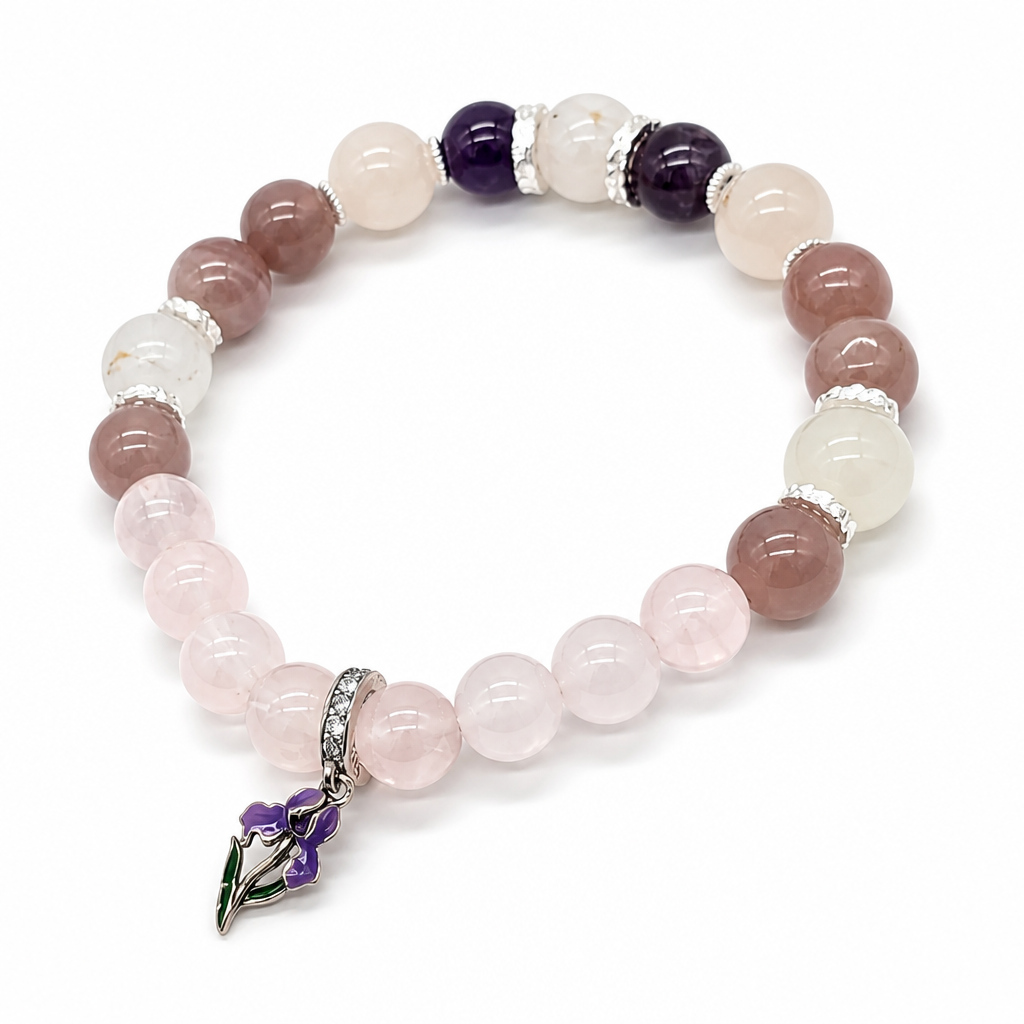 Amethyst Rose Serenity bracelet with deep violet amethyst and blush Madagascar rose quartz on white