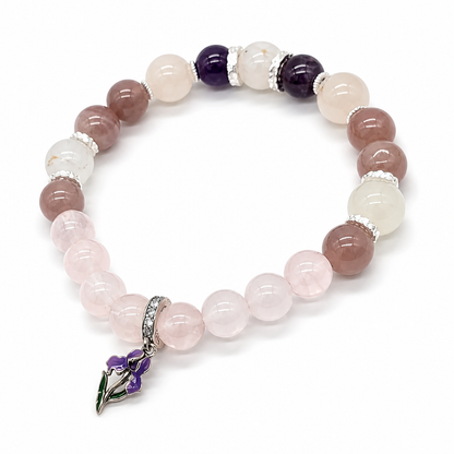 Amethyst Rose Serenity bracelet with deep violet amethyst and blush Madagascar rose quartz on white