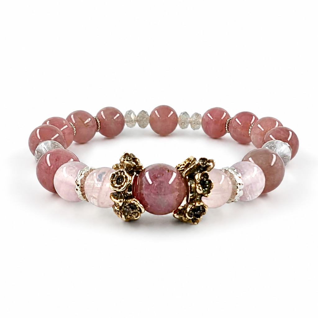 Twilight Blossom Healing bracelet with purple rose quartz and floral charms