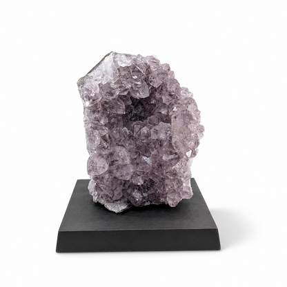 Violet Peak Amethyst spire with peak formation on a dark wooden base