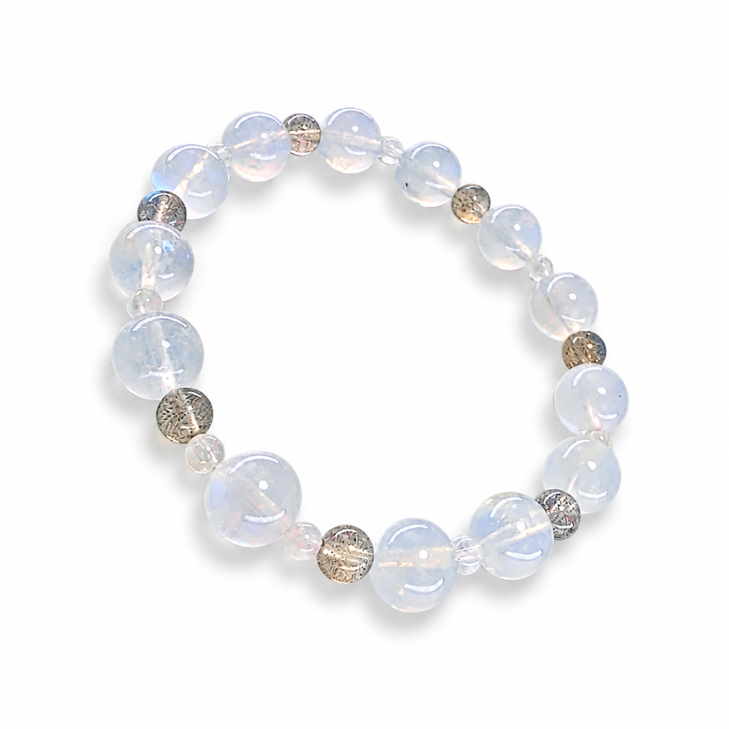 Full bracelet circle of Moon Tide Full Moon showing mixed 3.5-9mm moonstone bead arrangement