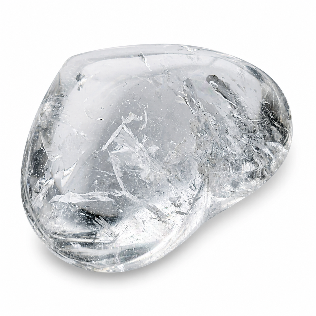 Clear quartz heart carving resting on a pale surface